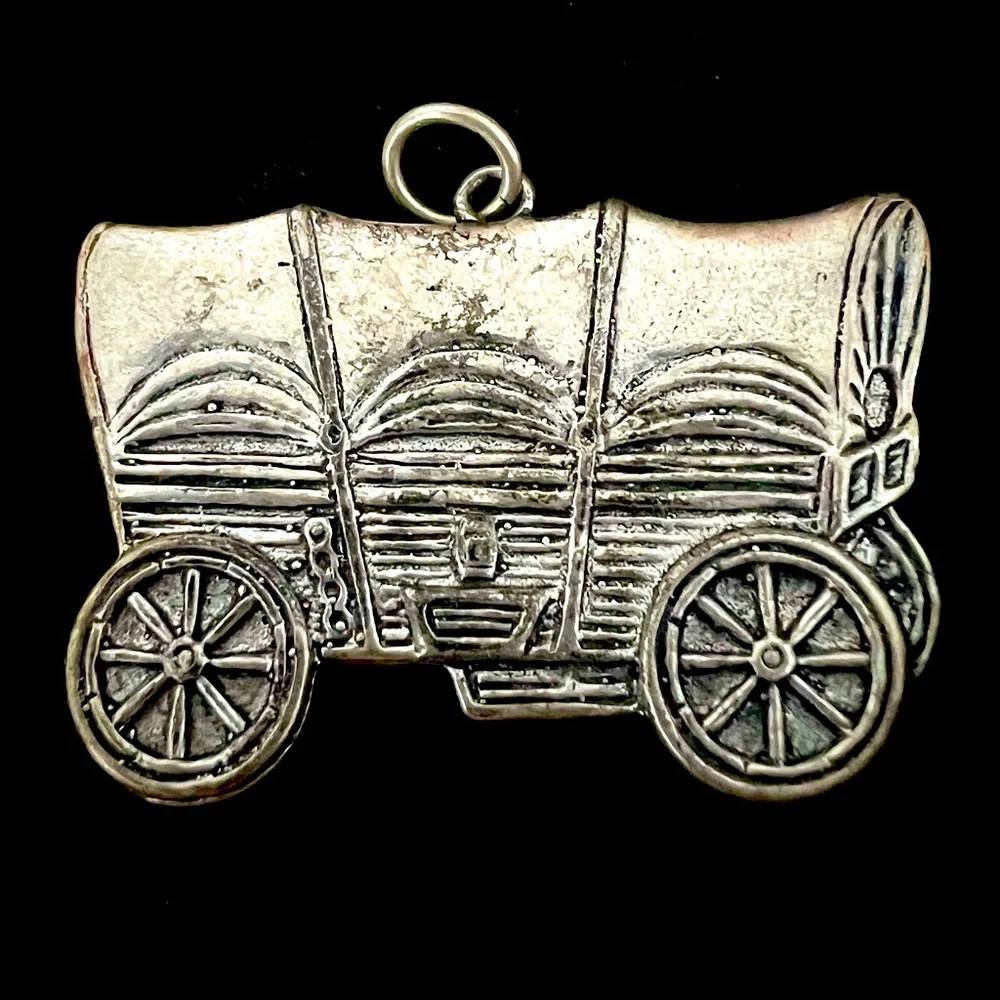 VINTAGE 80s Sterling Silver Wagon Pendant  1” x 1.5”  Stamped STERLING Western
